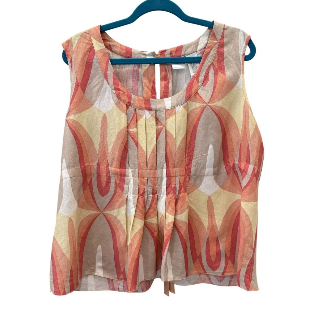 Emma James Sleeveless Abstract Print Top Back Ribbon Tie Size 18 Linen Blend